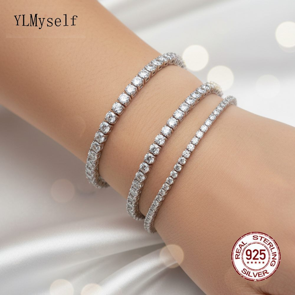 3mm moissanite tennis bracelets in 925 silver shown on a wrist
